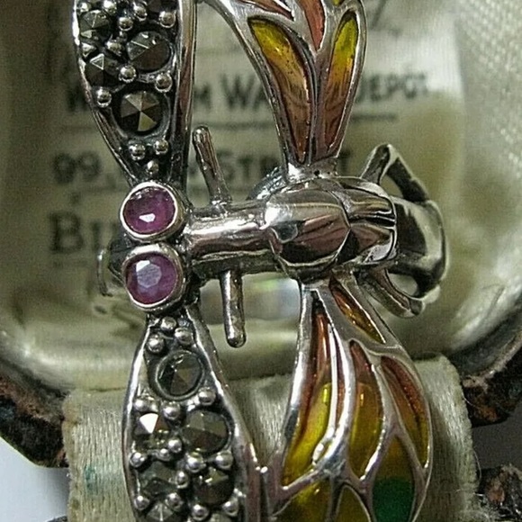 Dragonfly ring sterling silver marcasite and plique a jour Art Deco style new - Picture 5 of 9